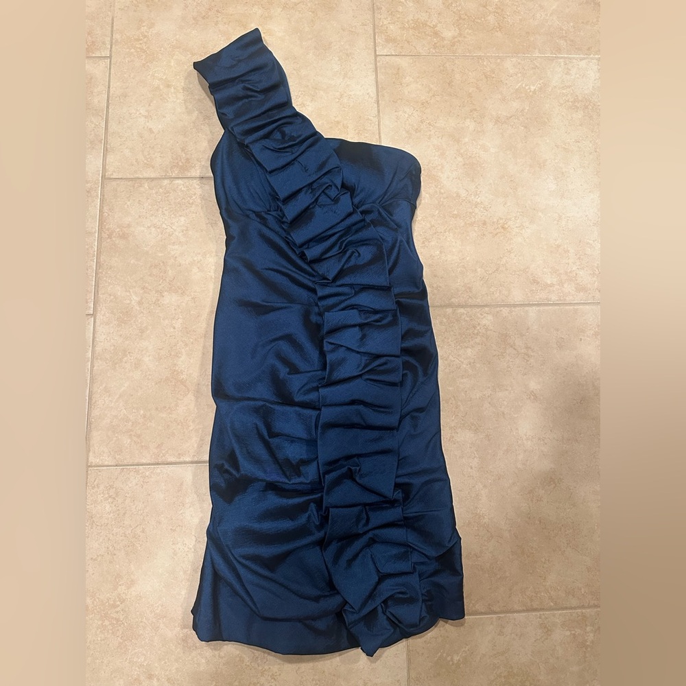 Betsy & Adam Elegant Navy One Shoulder Mini Ruffle Dress